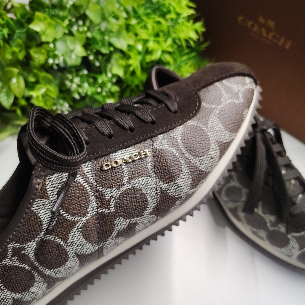 Coach Ivory Signature Monogram Sneakers | Black-Brown Chestnut Leather Trim - Picture 2 of 9